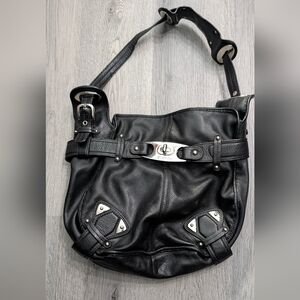 Vintage B Makowsky Moto Buckle Hobo Bag Black Leather Y2K Slouchy Biker Shoulder